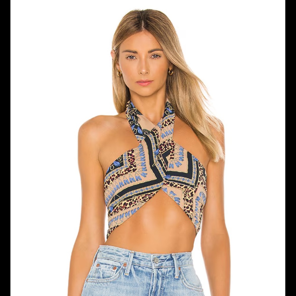 Superdown Patterned Halter Wrap Crop Top in Tan and Blue Revolve